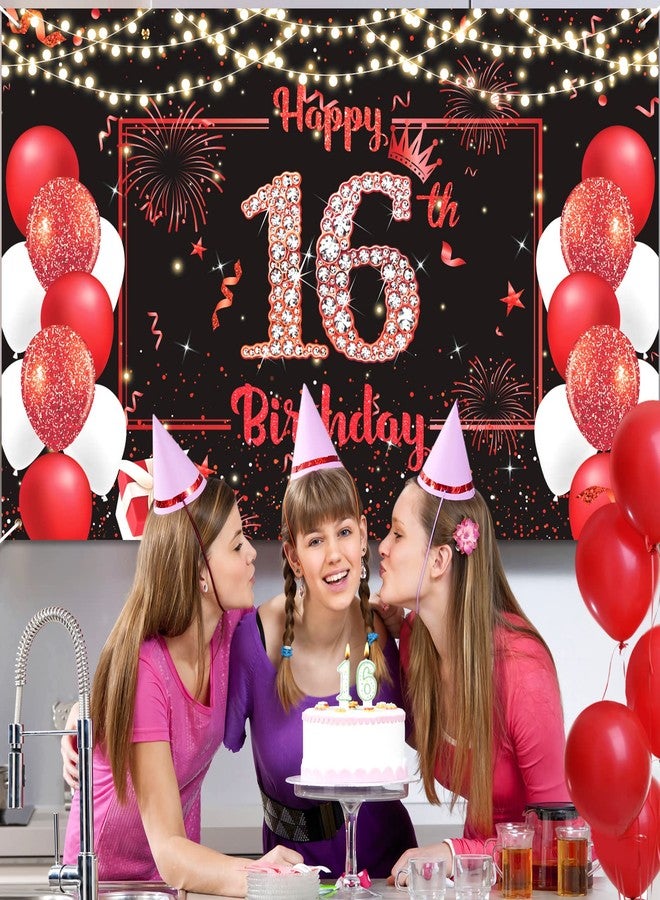Woosytoo Red 16th Birthday Banner Decorations for Boys Girls Large Red Black Happy 16th Birthday Backdrop Banner Sweet Sixteen Bday 16 Years Old Party Supplies Outdoor Indoor - Image 2